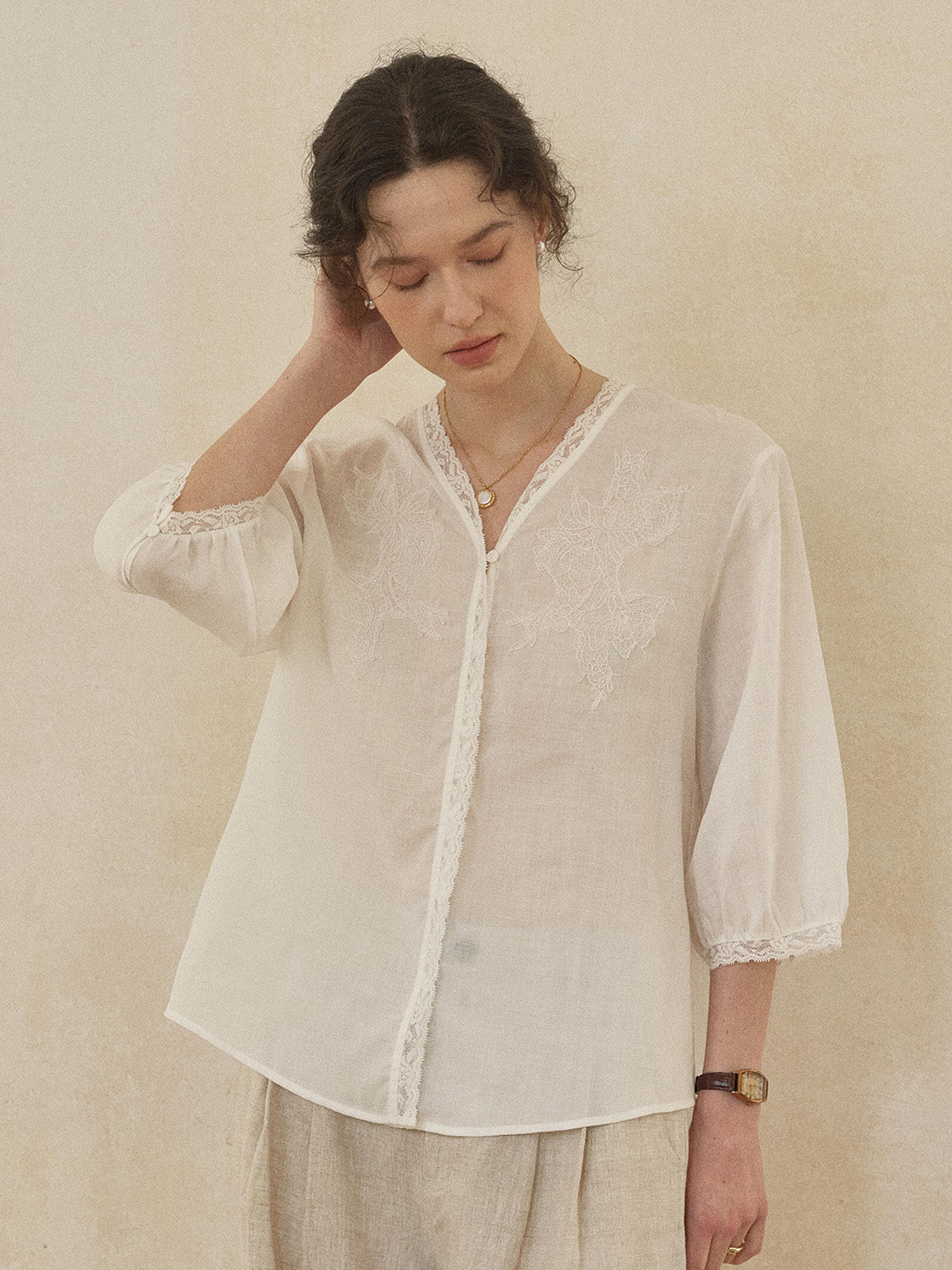 Reign V-Neck Embroidered Ramie Blouse