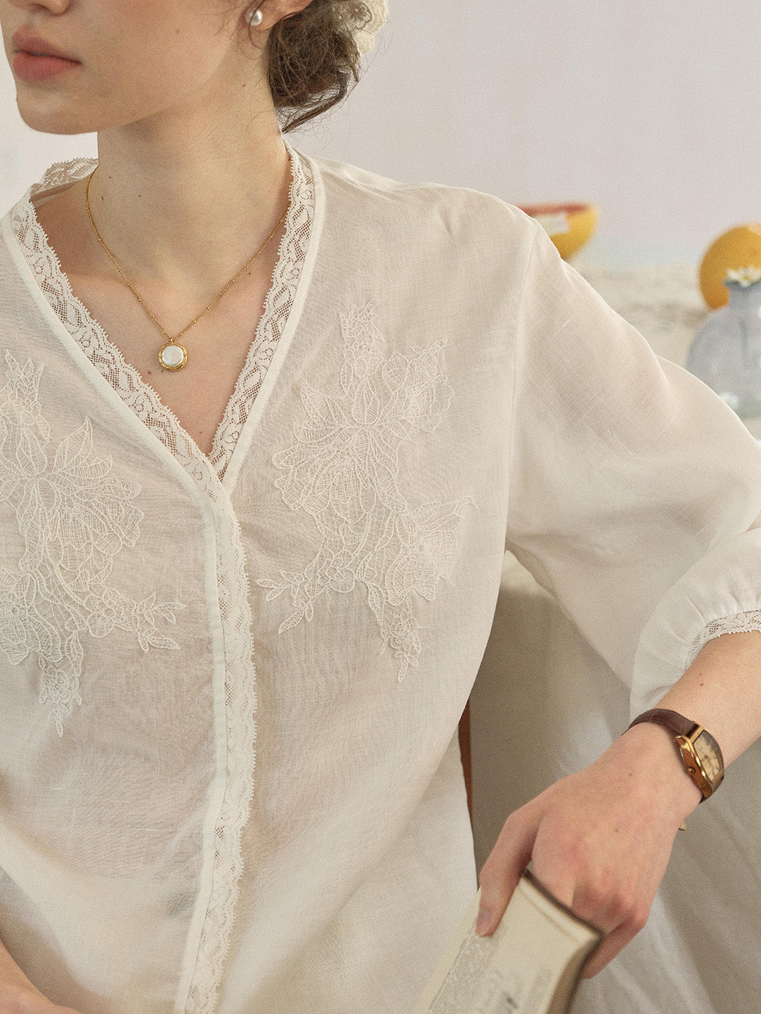 Reign V-Neck Embroidered Ramie Blouse