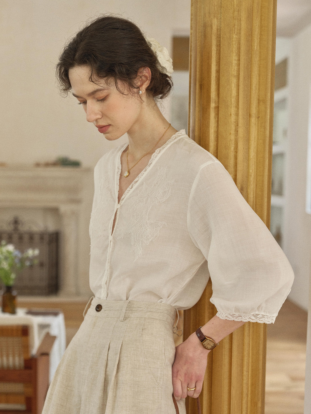 Reign V-Neck Embroidered Ramie Blouse