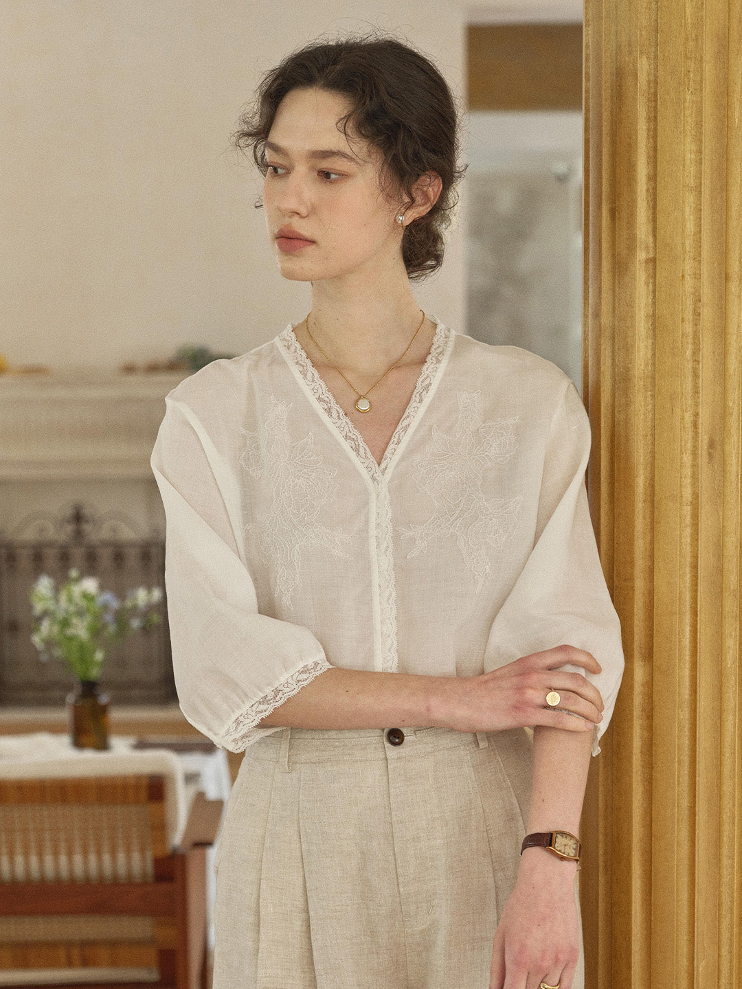 Reign V-Neck Embroidered Ramie Blouse