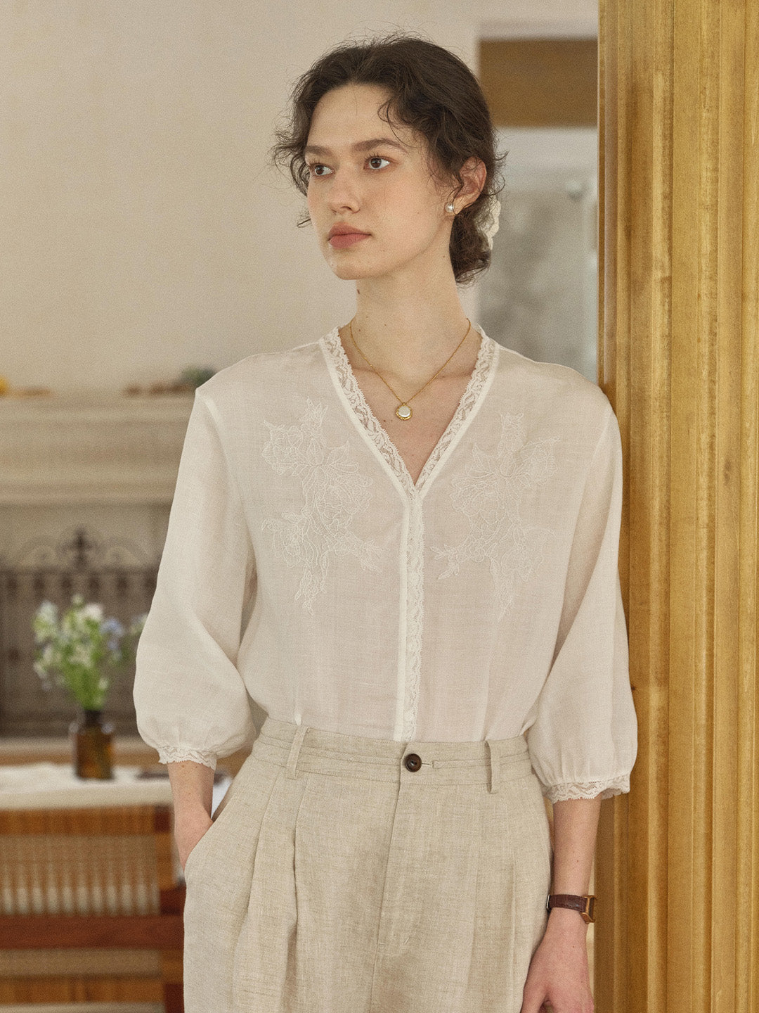 Reign V-Neck Embroidered Ramie Blouse