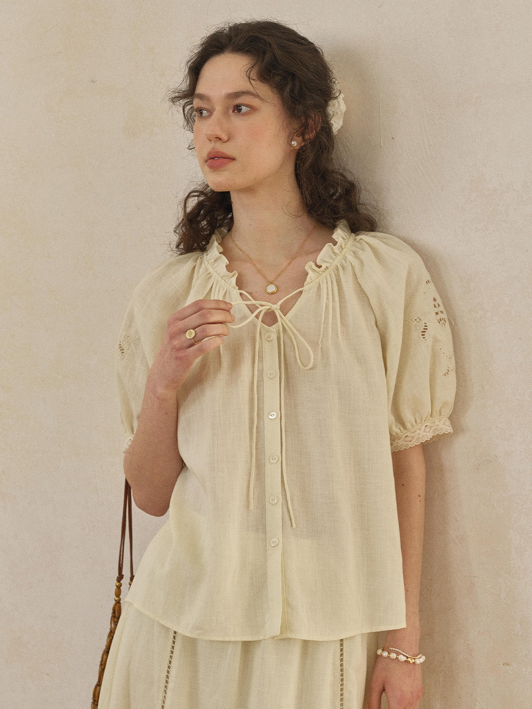 Fatima Ruffle Collar Puff Sleeve Linen Blouse