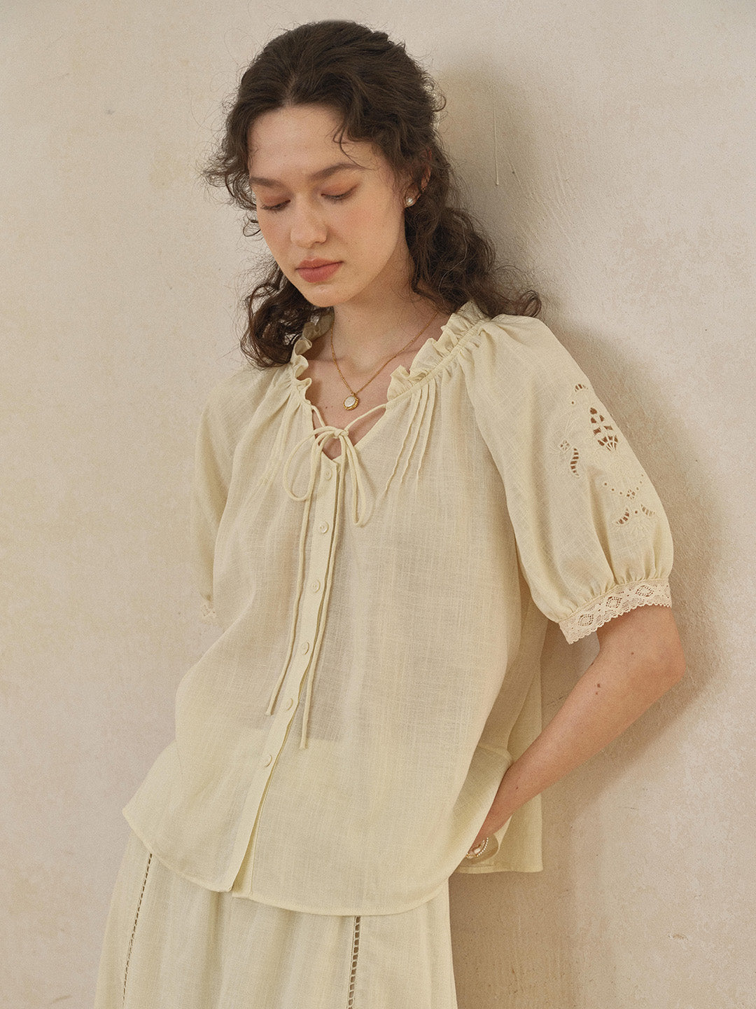 Fatima Ruffle Collar Puff Sleeve Linen Blouse