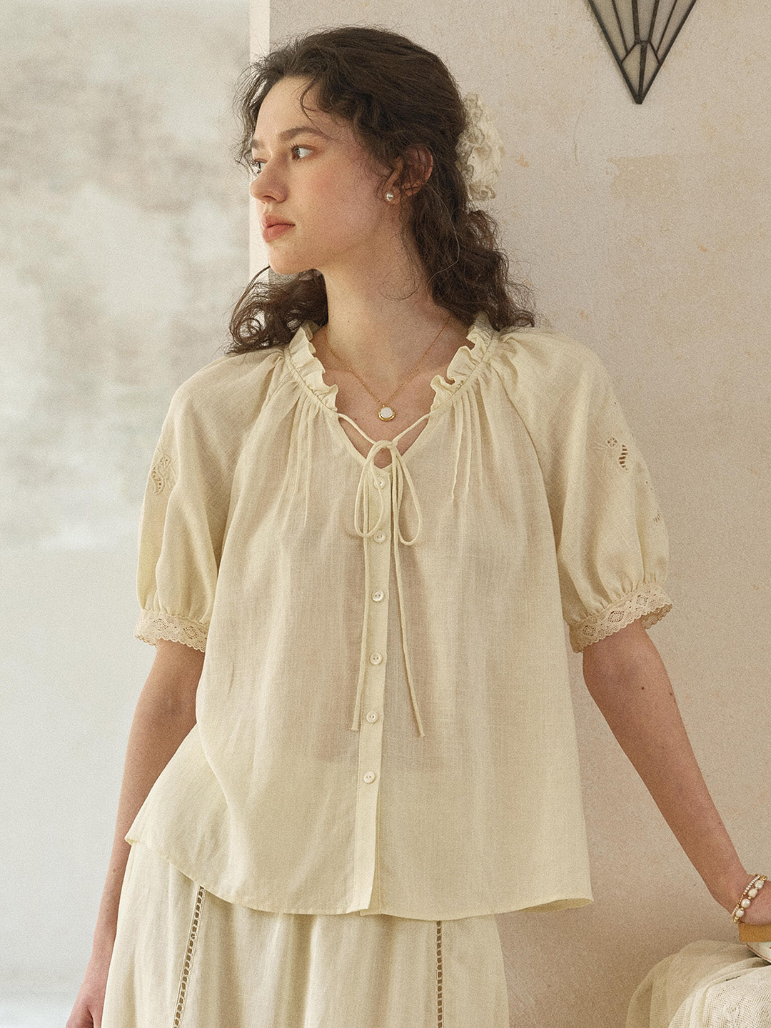 Fatima Ruffle Collar Puff Sleeve Linen Blouse