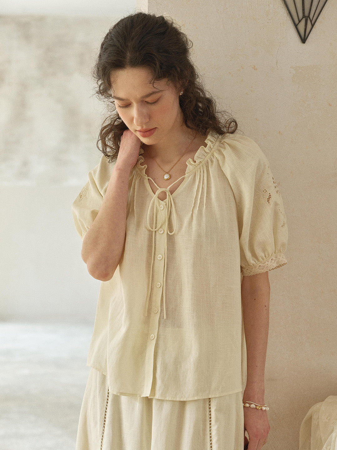 Fatima Ruffle Collar Puff Sleeve Linen Blouse