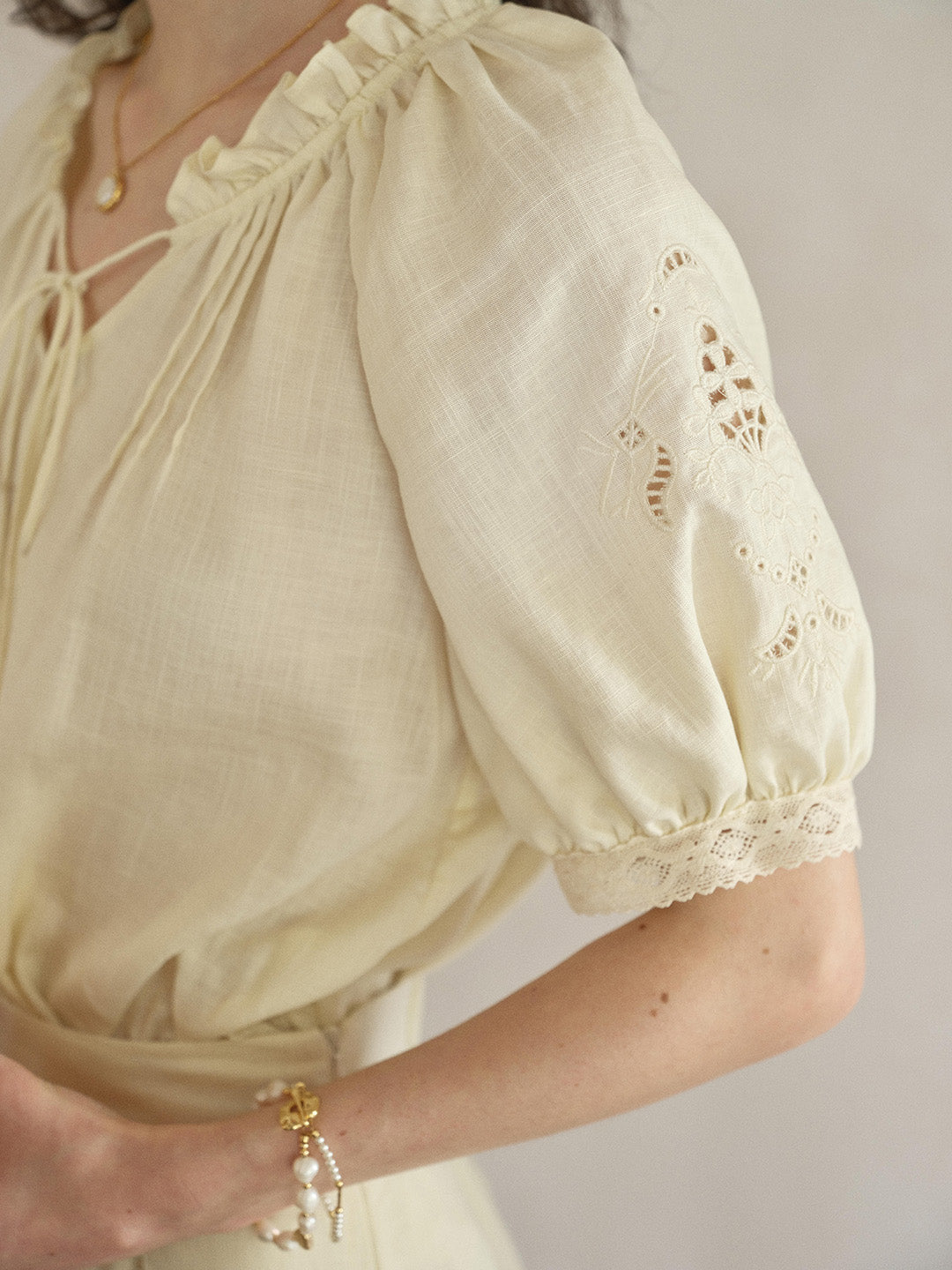 Fatima Ruffle Collar Puff Sleeve Linen Blouse