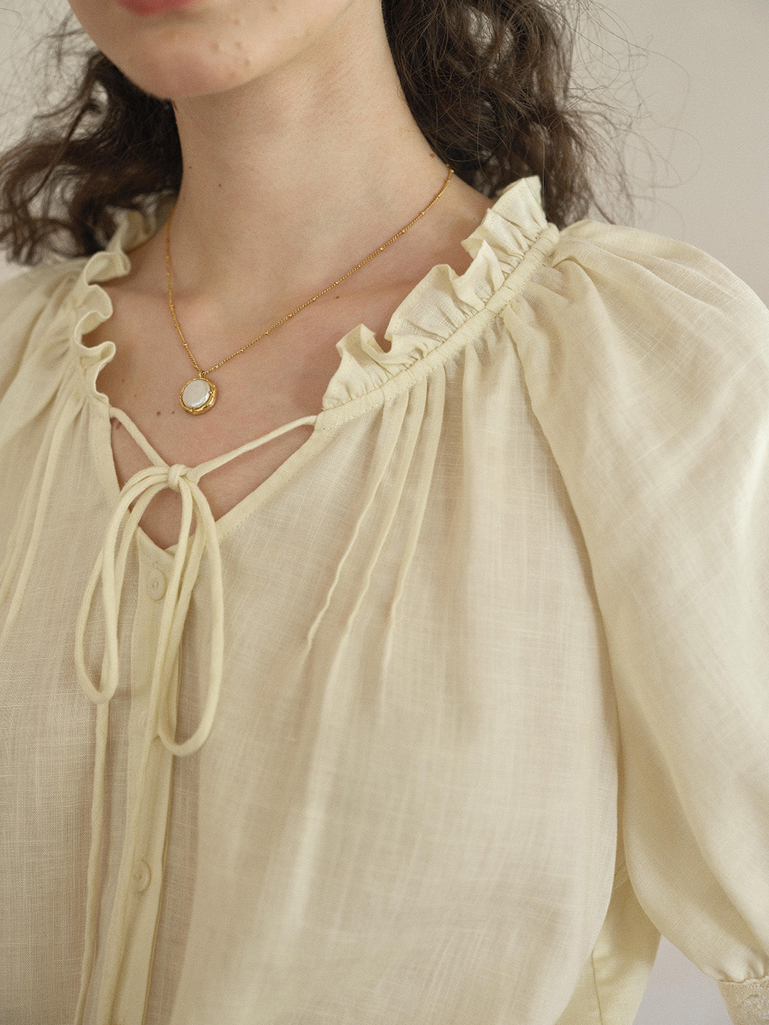 Fatima Ruffle Collar Puff Sleeve Linen Blouse