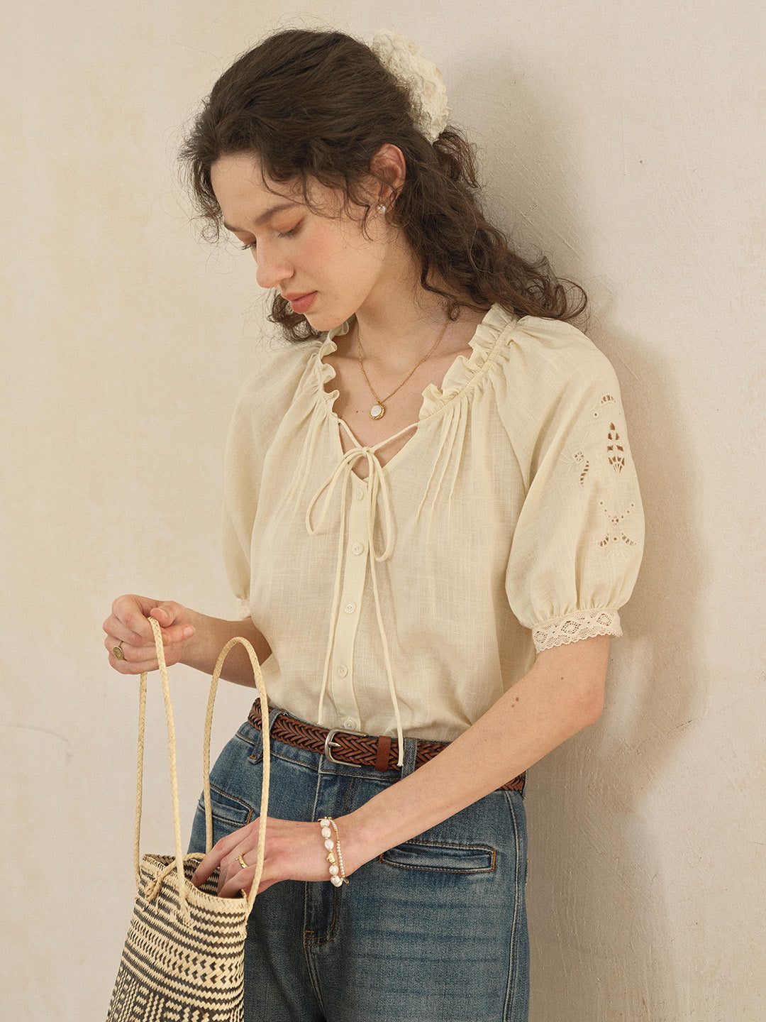 Fatima Ruffle Collar Puff Sleeve Linen Blouse