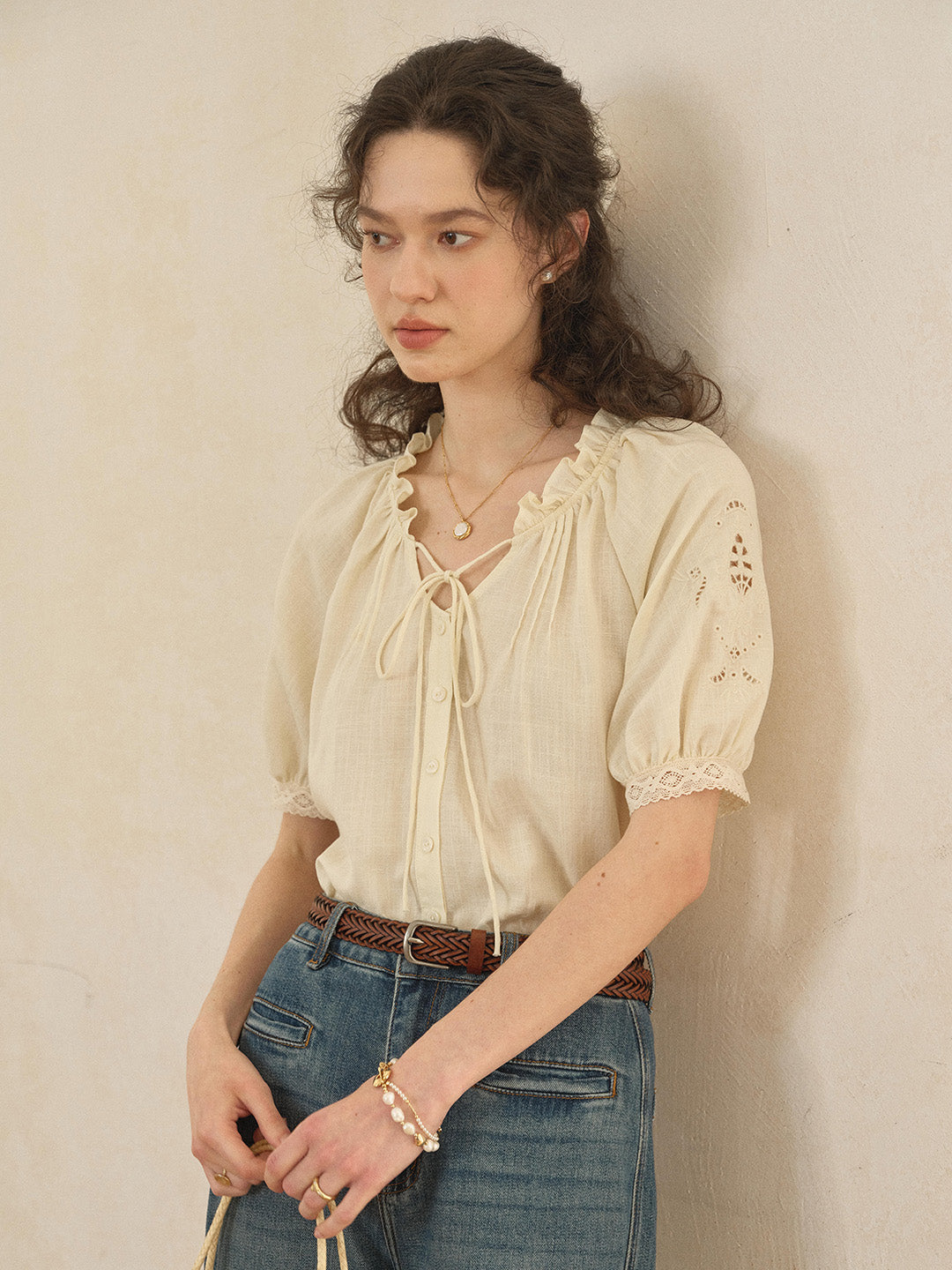 Fatima Ruffle Collar Puff Sleeve Linen Blouse