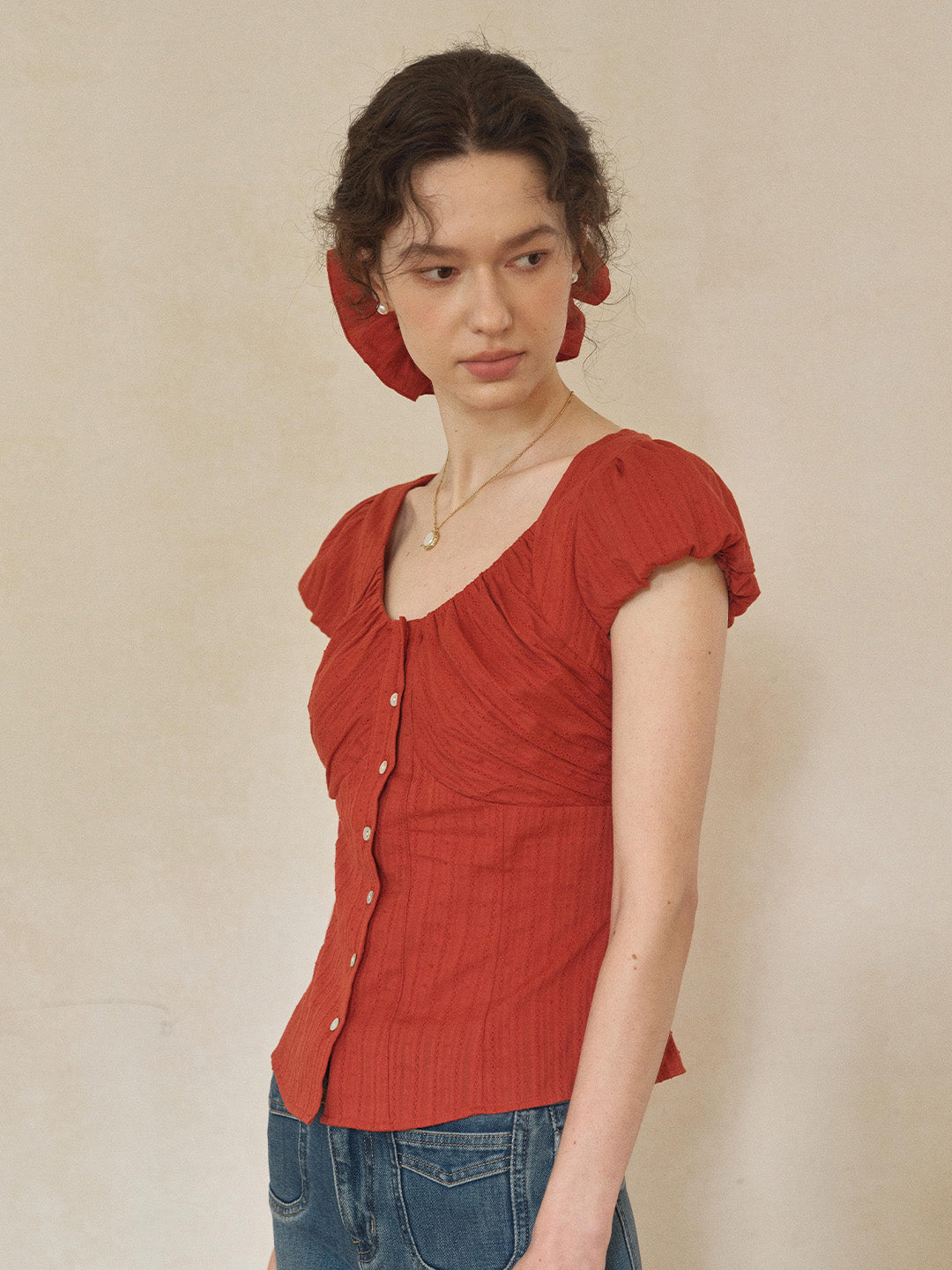 Lacey Round Neck Waist 100% Cotton Blouse