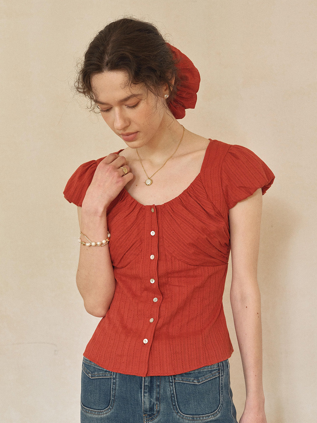 Lacey Round Neck Waist 100% Cotton Blouse