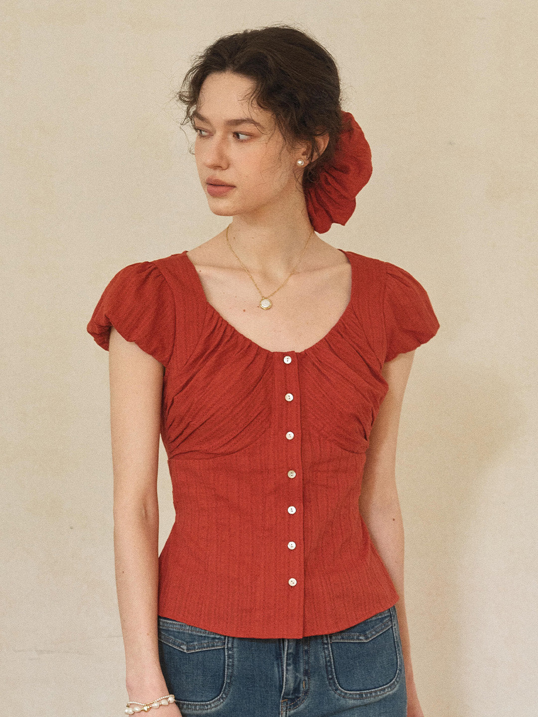 Lacey Round Neck Waist 100% Cotton Blouse