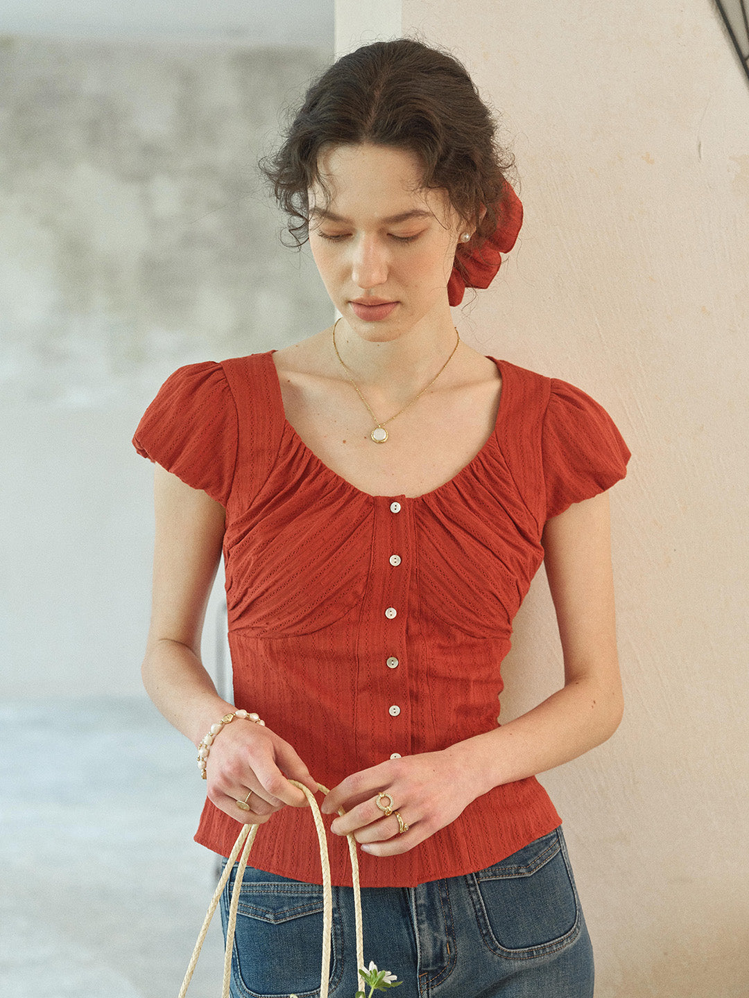 Lacey Round Neck Waist 100% Cotton Blouse