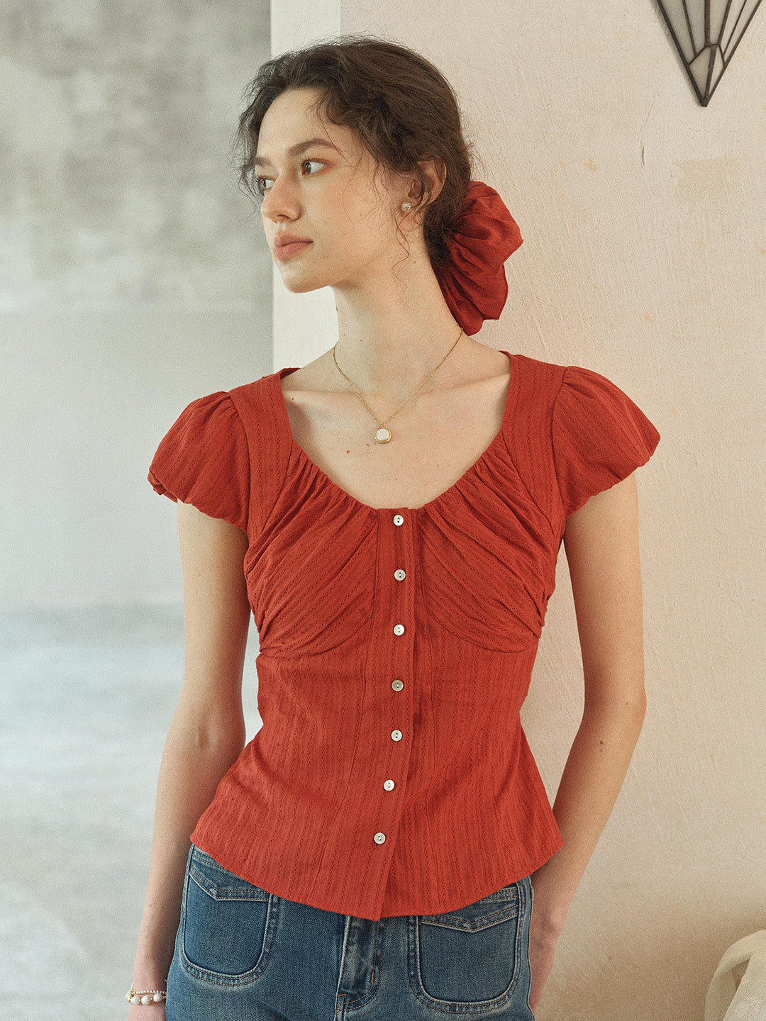 Lacey Round Neck Waist 100% Cotton Blouse