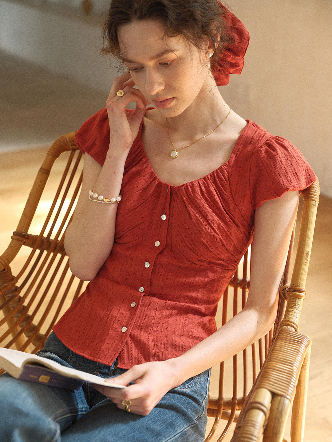 Lacey Round Neck Waist 100% Cotton Blouse