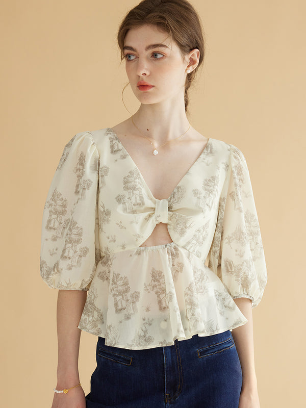 Malayah Rose Print Knotted Cutout Top