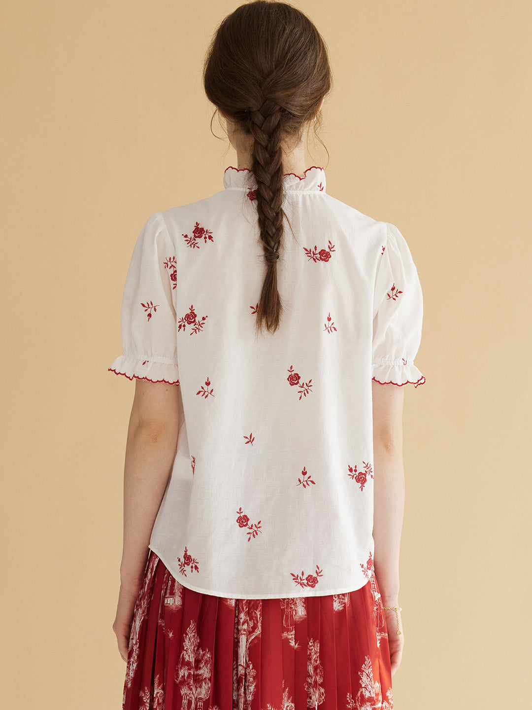 【Holiday Sale】Galilea Mock Neck Ruffle Rose Embroidered Cotton Blouse