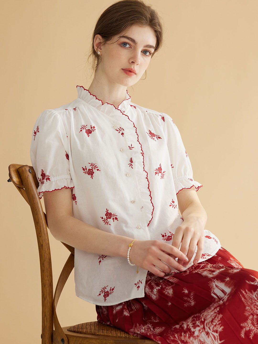 【Holiday Sale】Galilea Mock Neck Ruffle Rose Embroidered Cotton Blouse