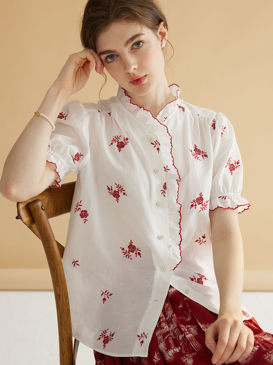 【Holiday Sale】Galilea Mock Neck Ruffle Rose Embroidered Cotton Blouse