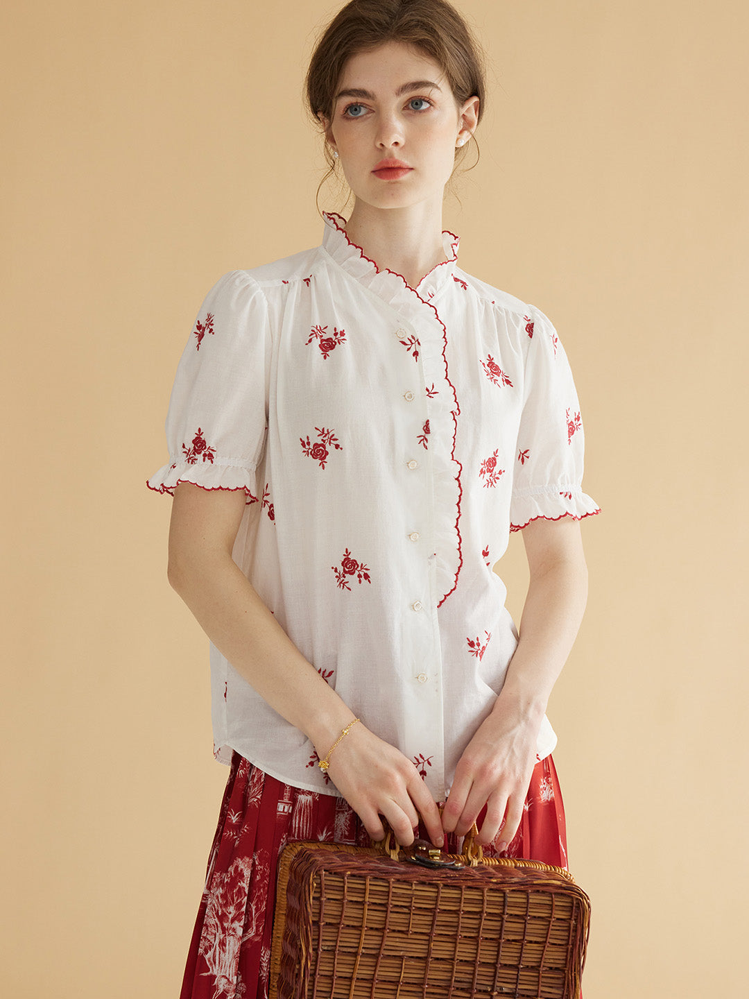 【Holiday Sale】Galilea Mock Neck Ruffle Rose Embroidered Cotton Blouse