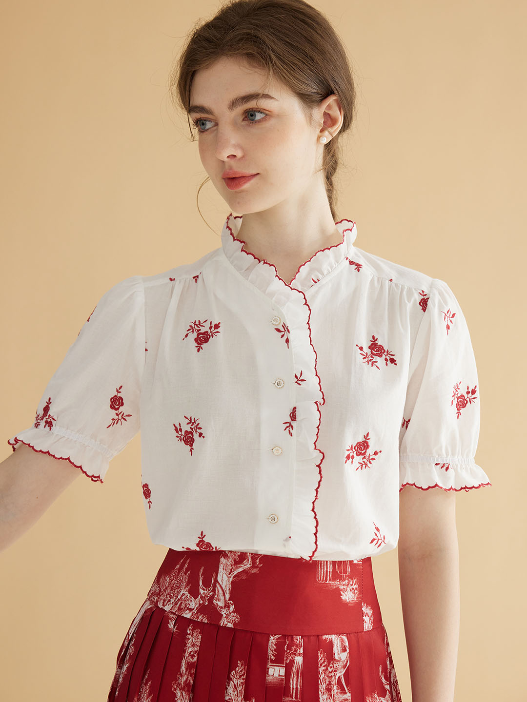 【Holiday Sale】Galilea Mock Neck Ruffle Rose Embroidered Cotton Blouse