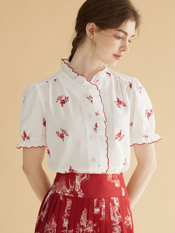 【Final Sale】Galilea Mock Neck Ruffle Rose Embroidered Cotton Blouse