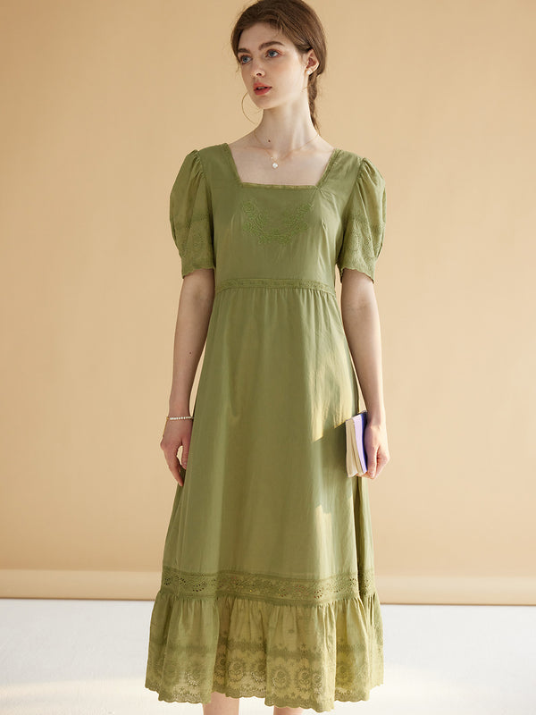 Adrianna Square Neck Puff Sleeve Cotton Green Dress
