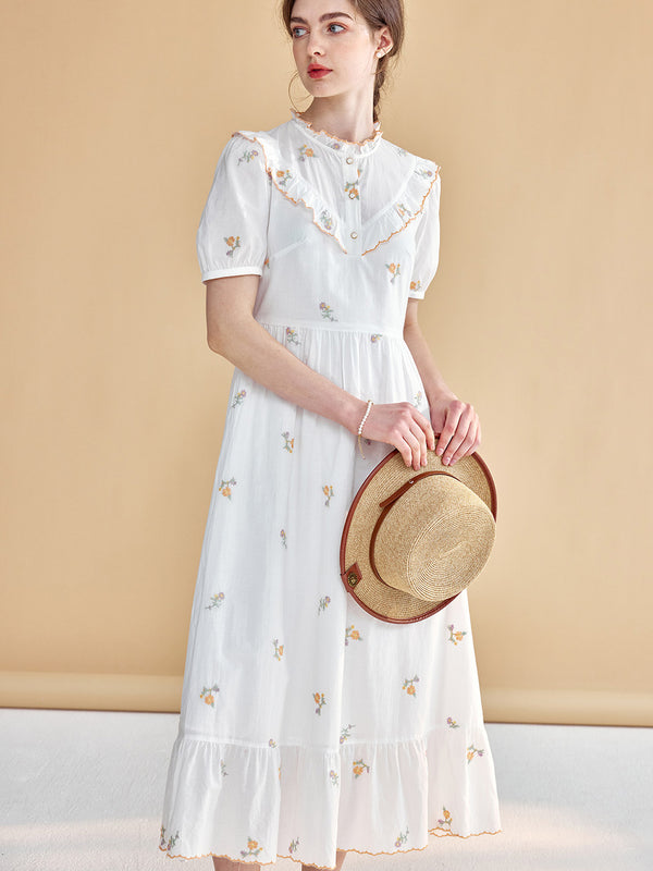 Novalee Mock Neck Ruffle Embroidered Cotton Dress