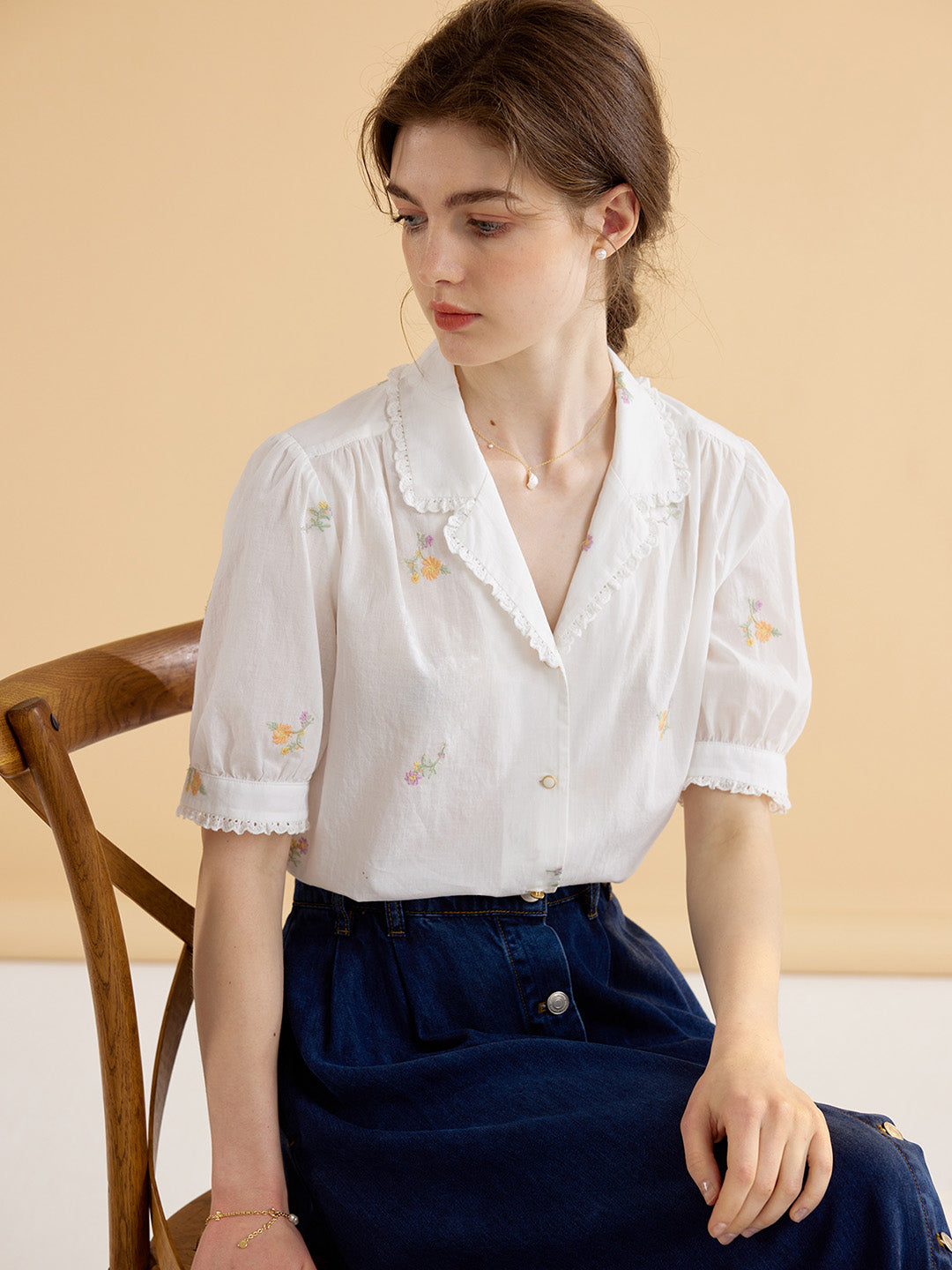 Marceline Simple V Neck Embroidered Cotton Shirt