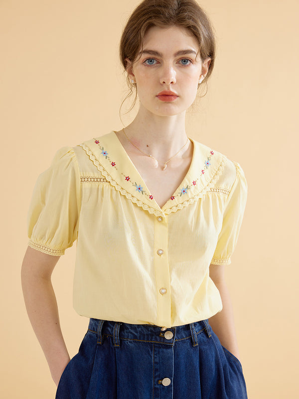 【Final Sale】Angelique Embroidered Lapel Puff Sleeve Cotton Shirt