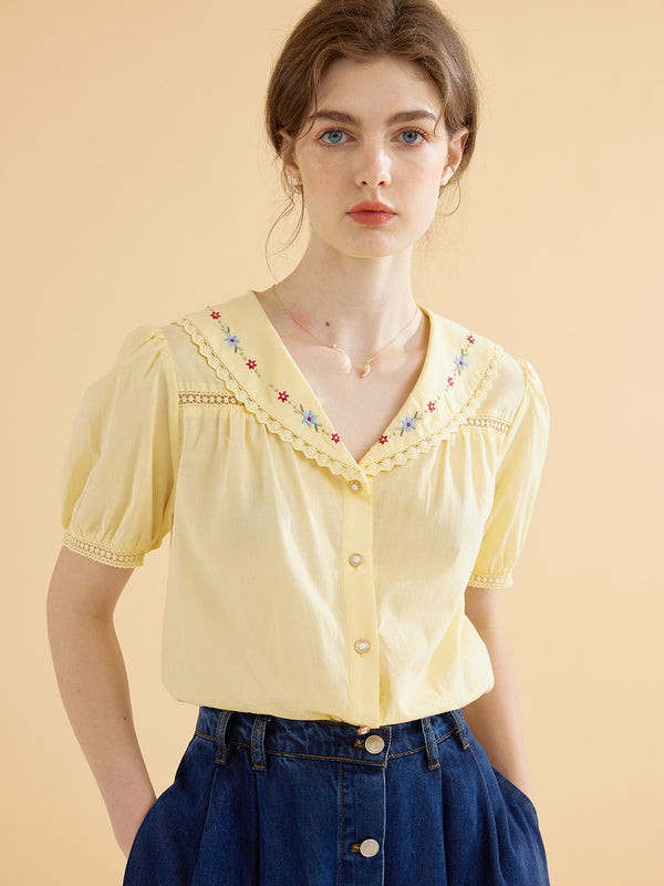【Holiday Sale】Angelique Embroidered Lapel Puff Sleeve Cotton Shirt
