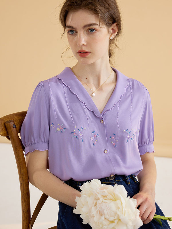 Mylah Sweet Wavy Neck Embroidered Short Sleeve Blouse