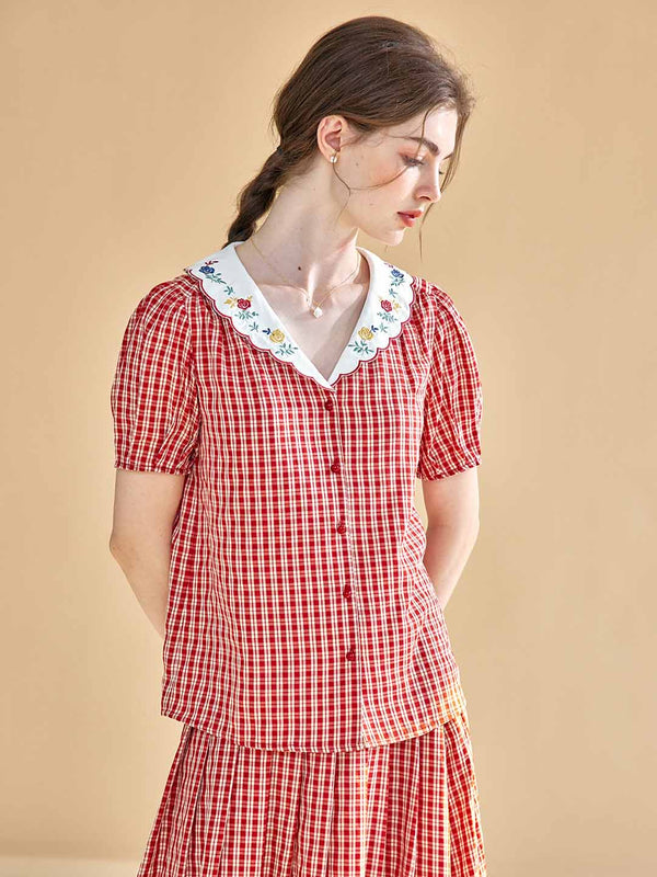 Janiyah Plaid Print Floral Embroidery Puff Sleeve Blouse