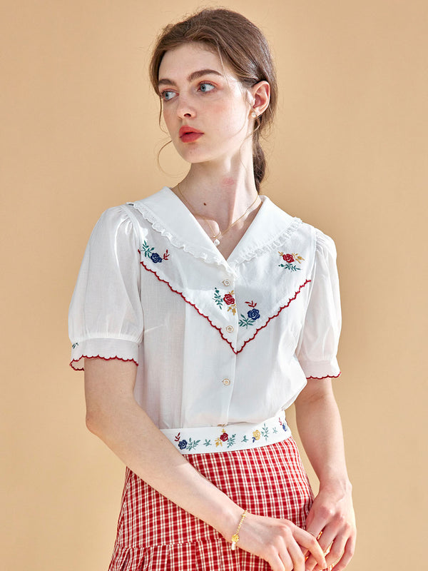 【Final Sale】Jovie Sweet Doll Collar Embroidered Cotton Blouse
