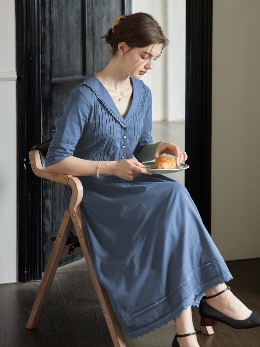 simple retro fiona dress Fiona 100% Cotton Gray Blue Midi Dress