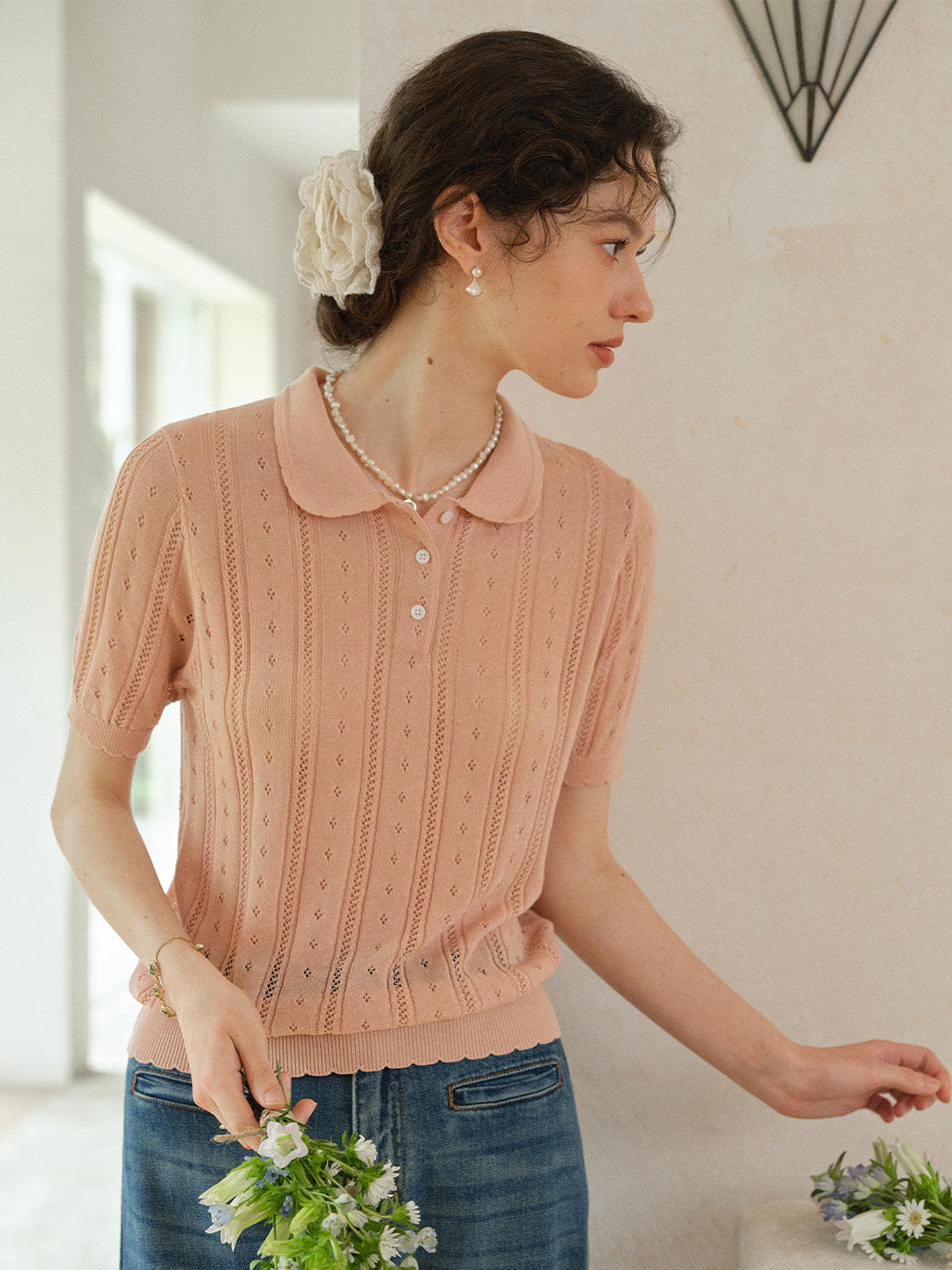 Camila Polo Collar Retro Texture Linen Knit Top