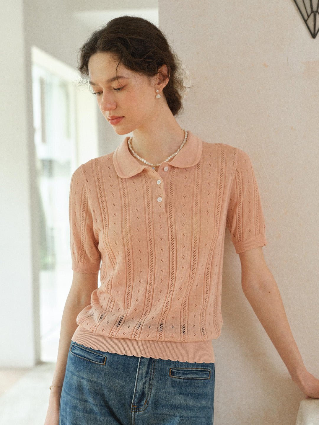 Camila Polo Collar Retro Texture Linen Knit Top