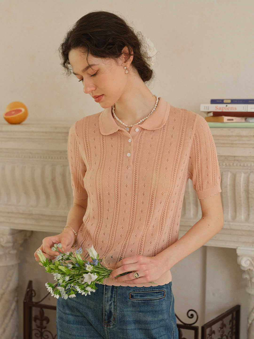 Camila Polo Collar Retro Texture Linen Knit Top