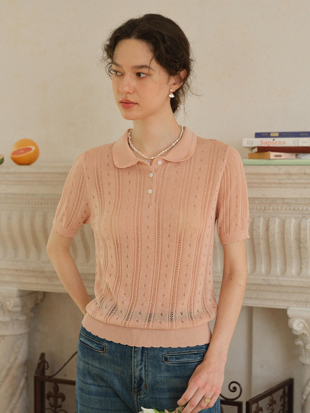 Camila Polo Collar Retro Texture Linen Knit Top