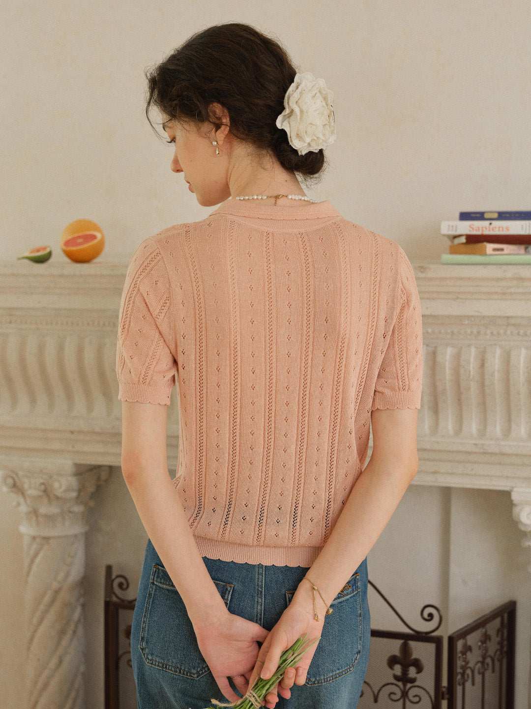 Camila Polo Collar Retro Texture Linen Knit Top