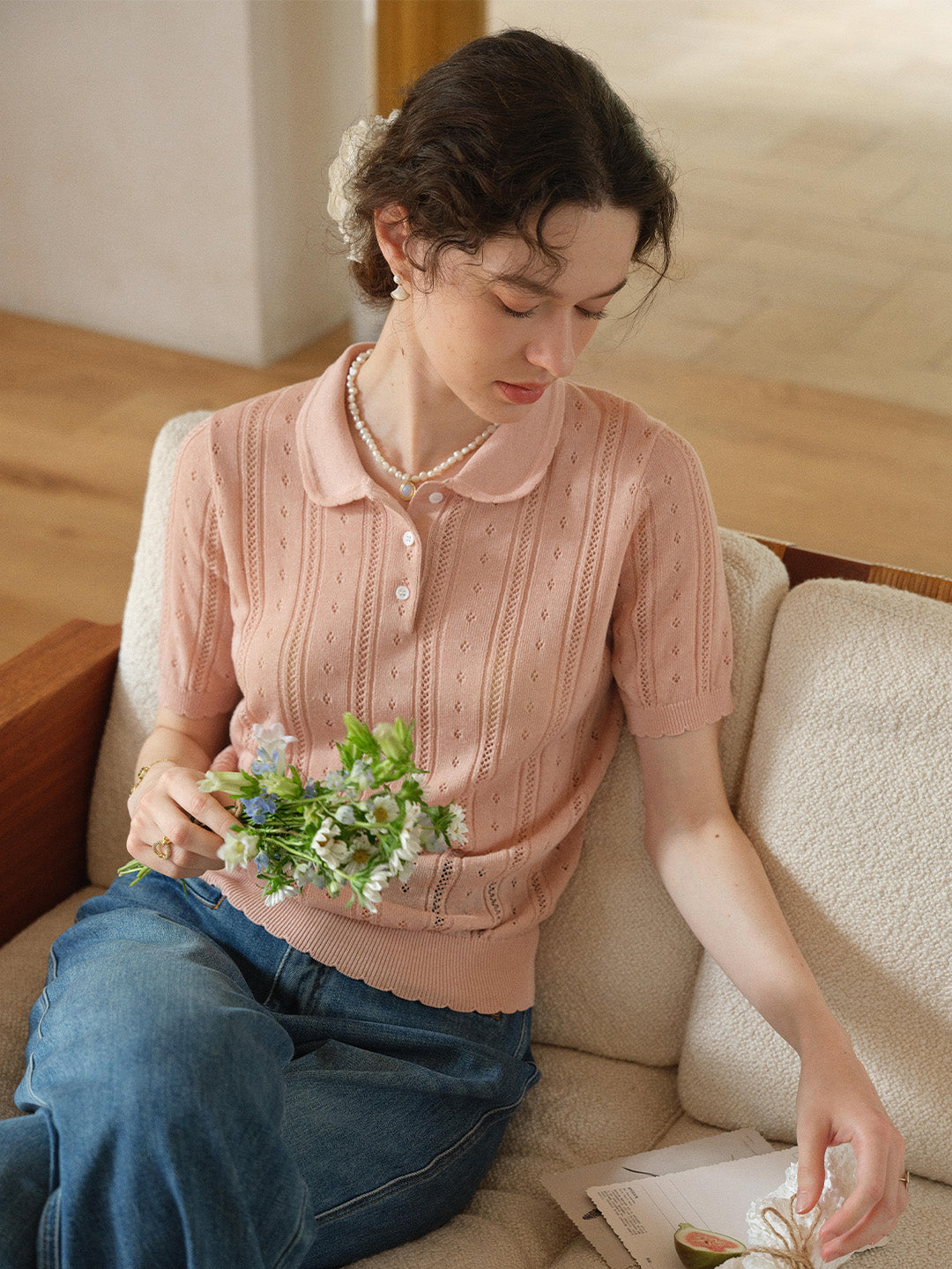 Camila Polo Collar Retro Texture Linen Knit Top