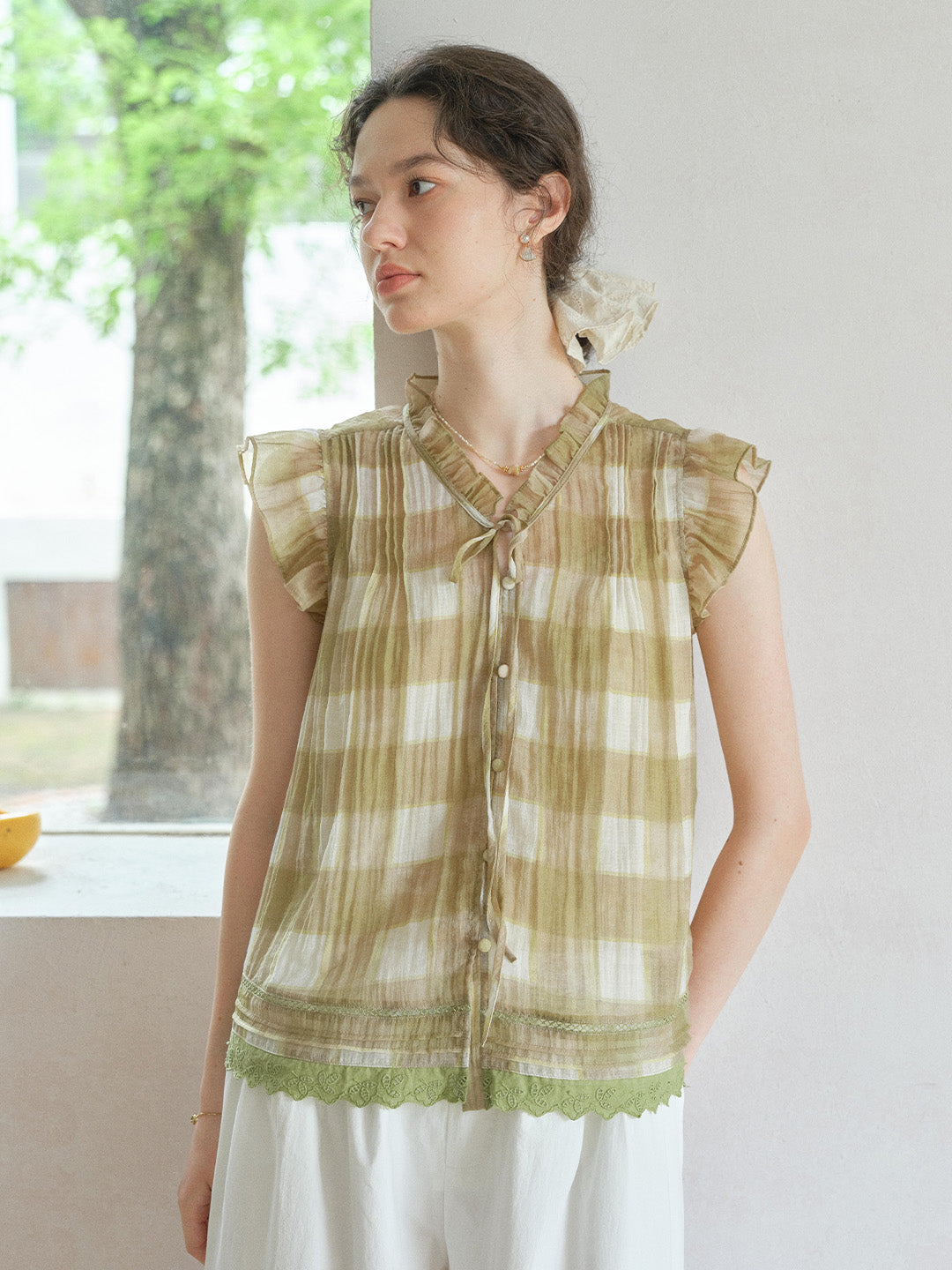 Janelle V-Neck Plaid Blouse