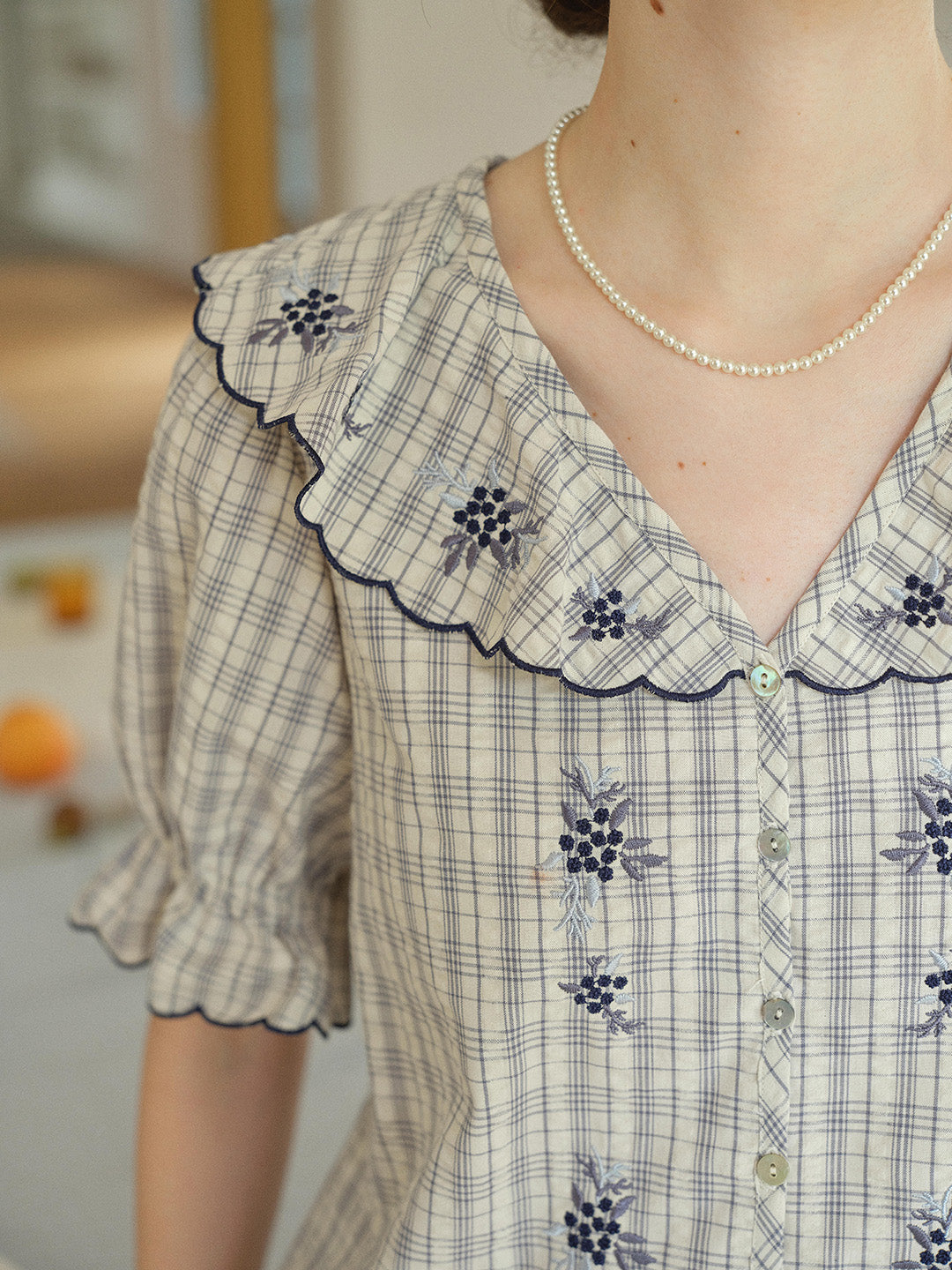 Kaia V-Neck Embroidered Plaid 100%Cotton Blouse