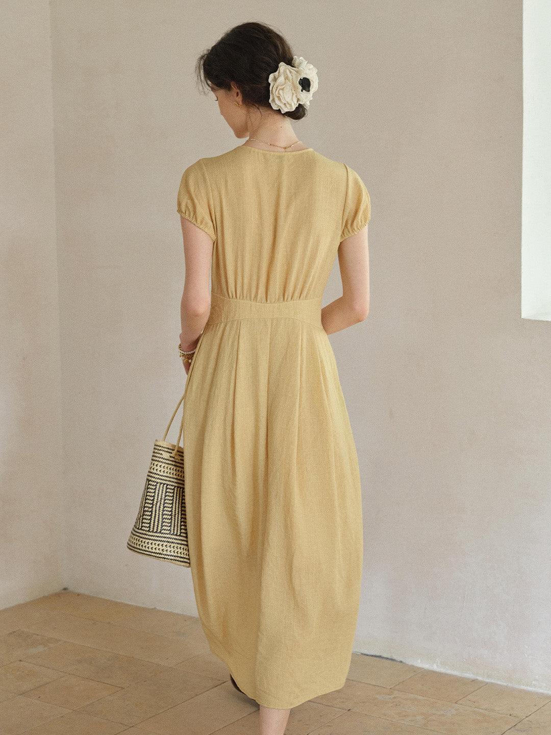 Bridgette Retro V-Neck Puff Sleeves Dress