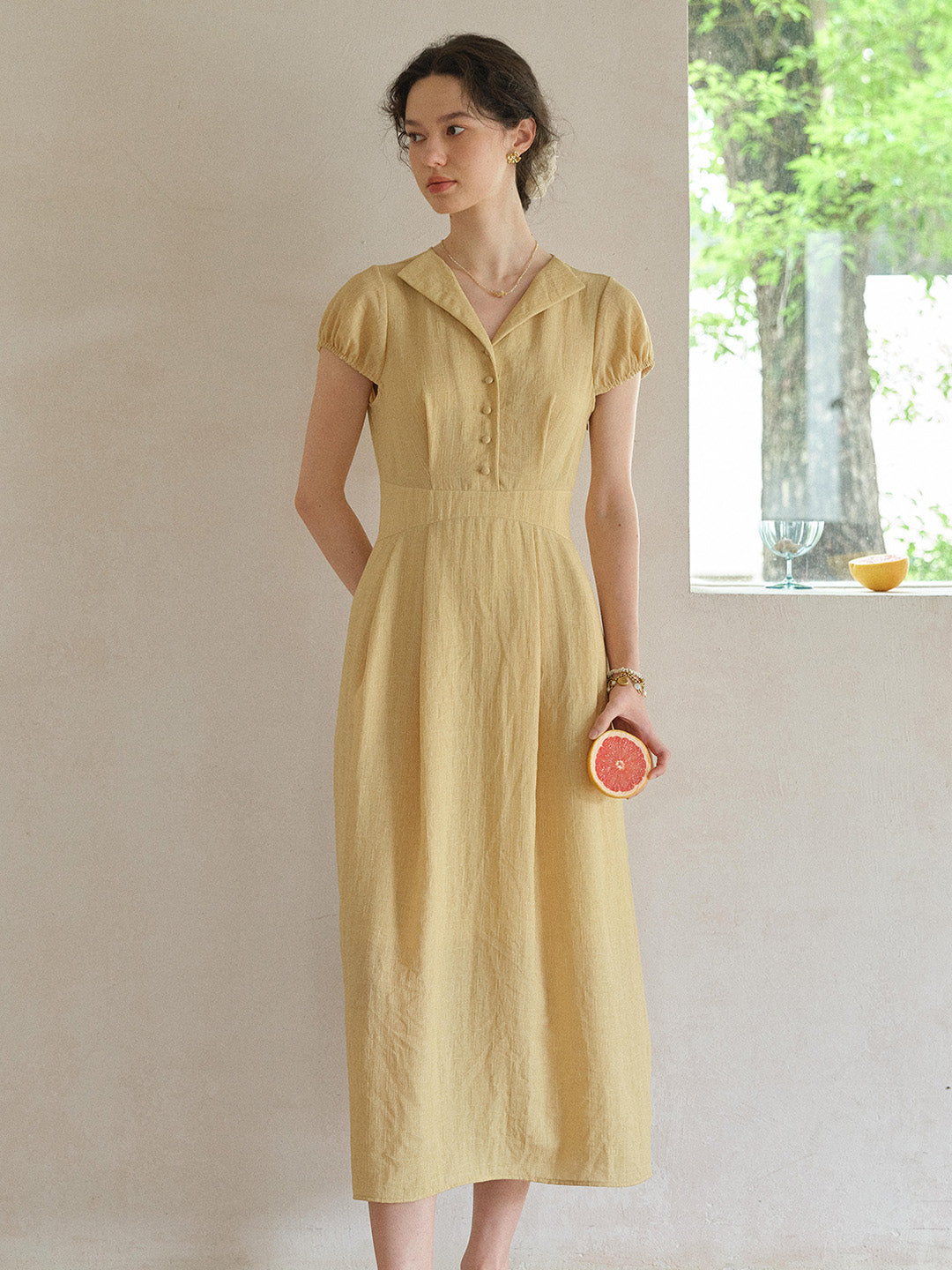 Bridgette Retro V-Neck Puff Sleeves Dress