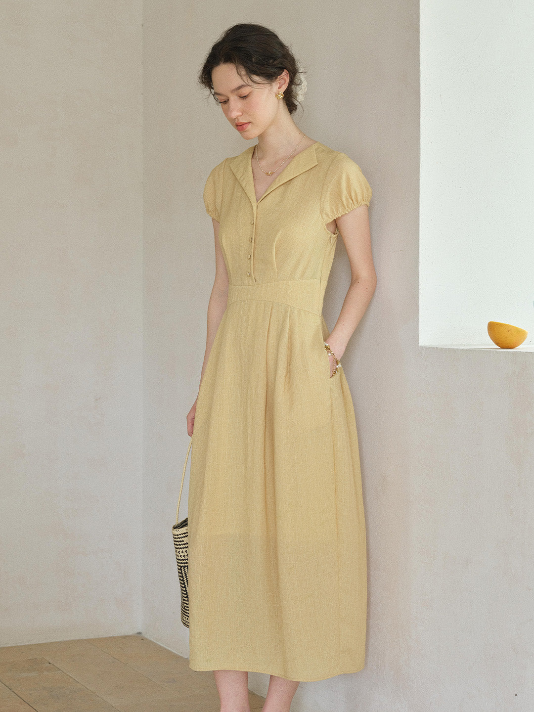 Bridgette Retro V-Neck Puff Sleeves Dress