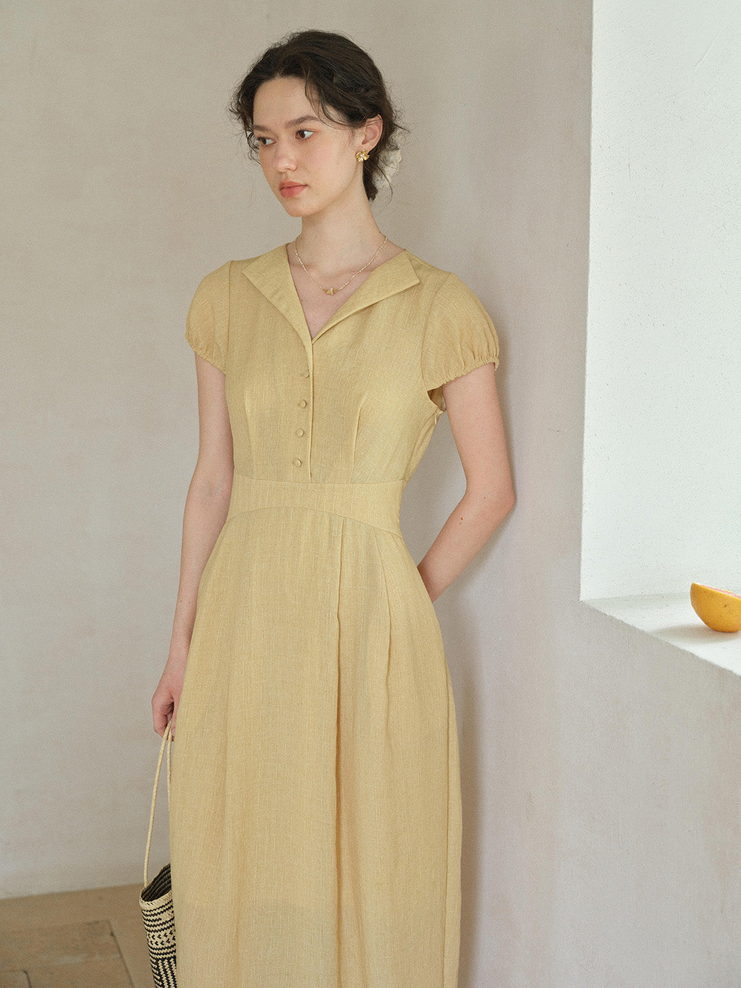 Bridgette Retro V-Neck Puff Sleeves Dress
