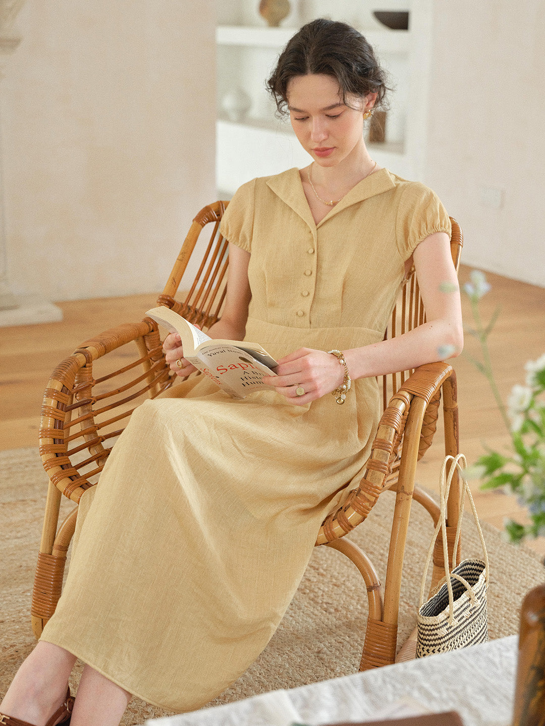v neck puff sleeve dress Bridgette Retro V-Neck Puff Sleeves Dress, Yellow / S