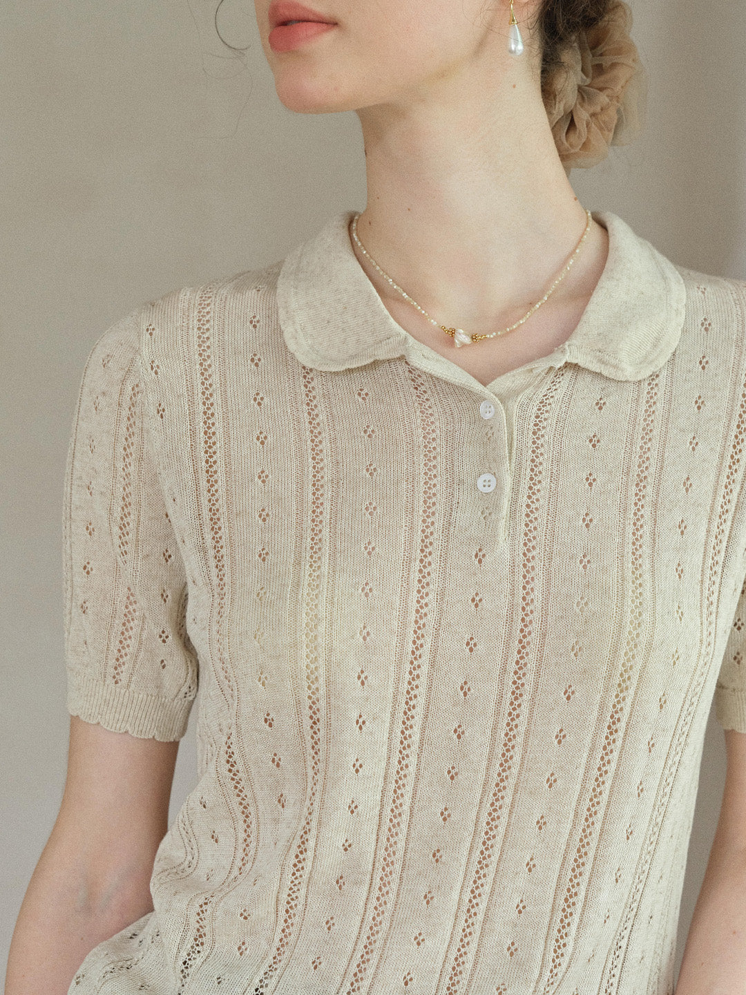 Camila Polo Collar Retro Texture Linen Knit Top