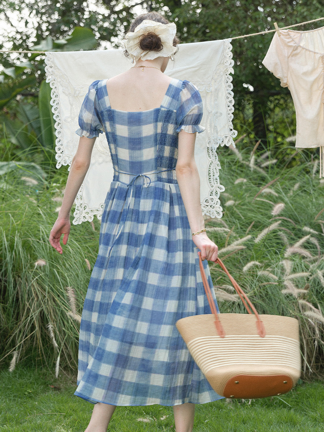 blue and white plaid dress 2PS White Floral Print Spaghetti Strap Dress With Blue Shawl Dress Suit Jolly Vintage